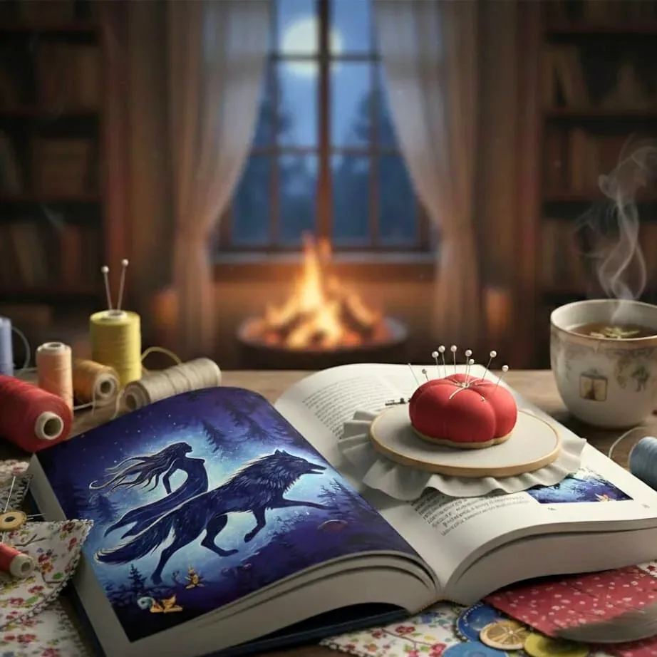 Livro ilustrado aberto sobre uma mesa de costura, ao lado de uma lareira acesa